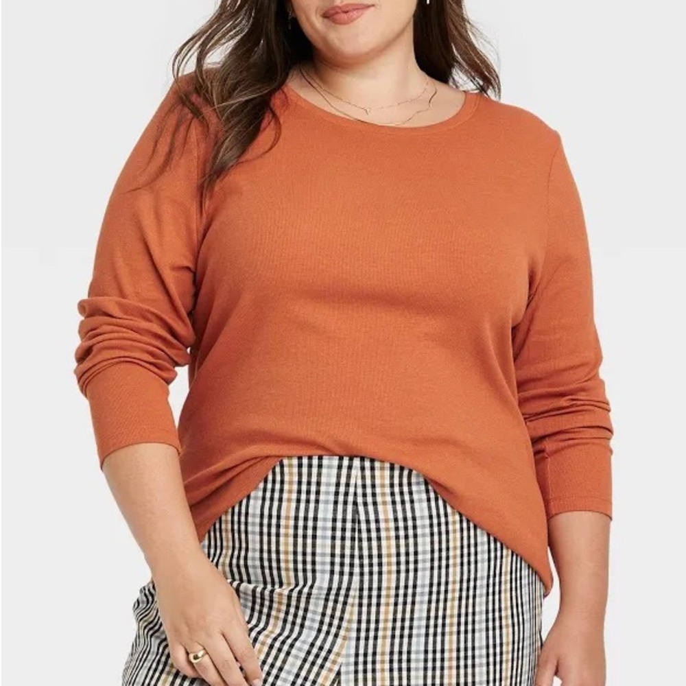 Women's A New Day Long Sleeve Ribbed T-Shirt - Rust Orange